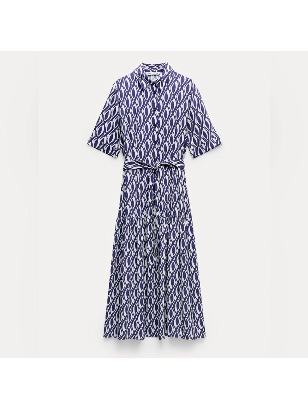 Zara Printed Midi Dress XS Blue White Greece European Bold Statement Preppy